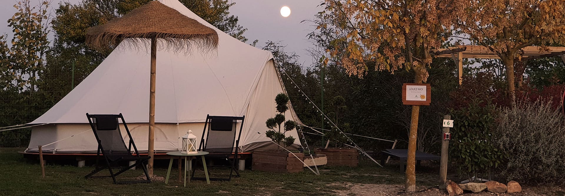 Exterior view of rental Inuit tent near the Canal du Midi, Escale Occitane campsite near Carcassonne