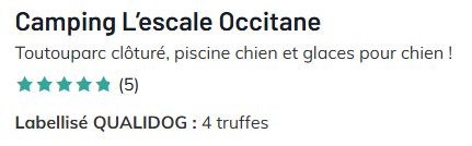 Le camping l'Escale Occitane dans l'Aude est classé dans la catégorie 3 truffes sur le site internet emmenetonchien.com